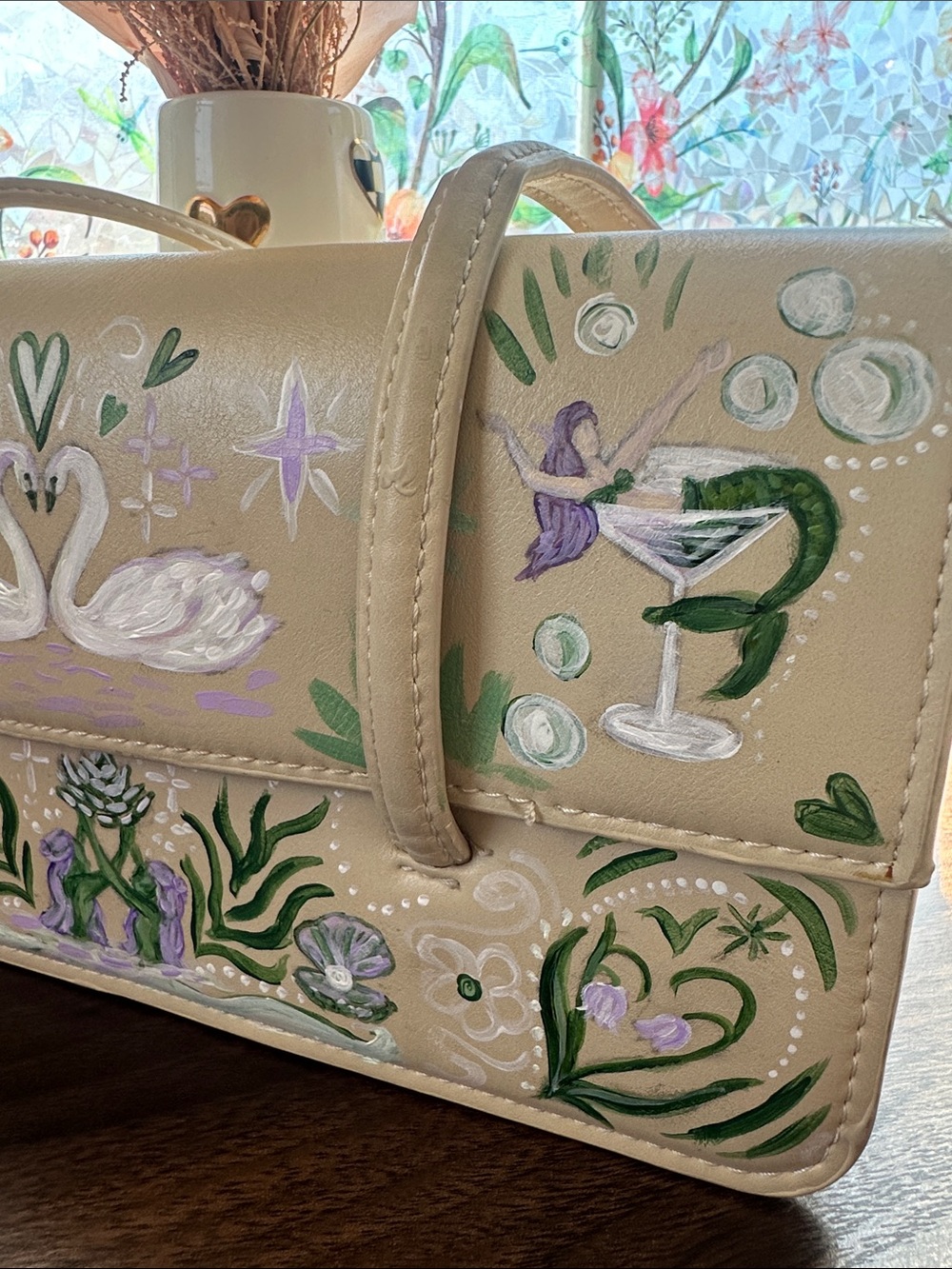 Mermaid Swan Art Bag Vintage MNG Hand Painted Vegan Leather - Picture 8 of 16